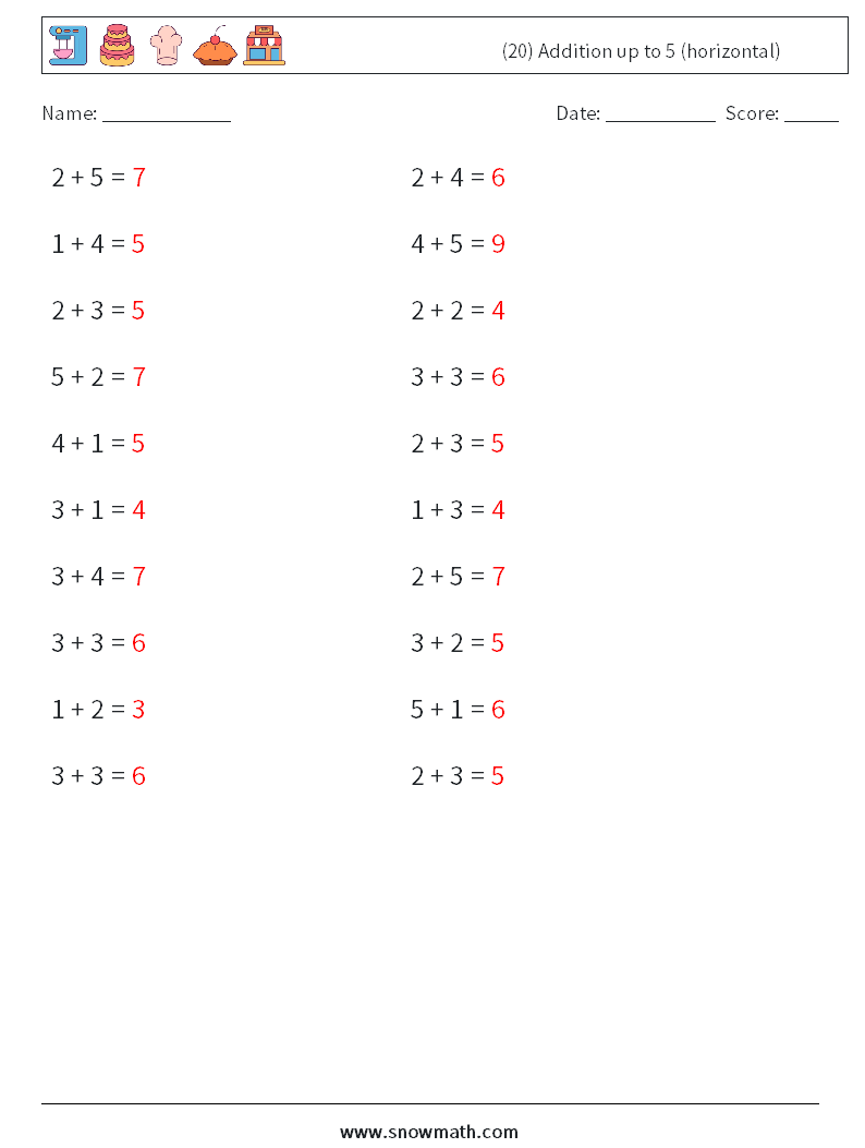 (20) Addition up to 5 (horizontal) Math Worksheets 5 Question, Answer
