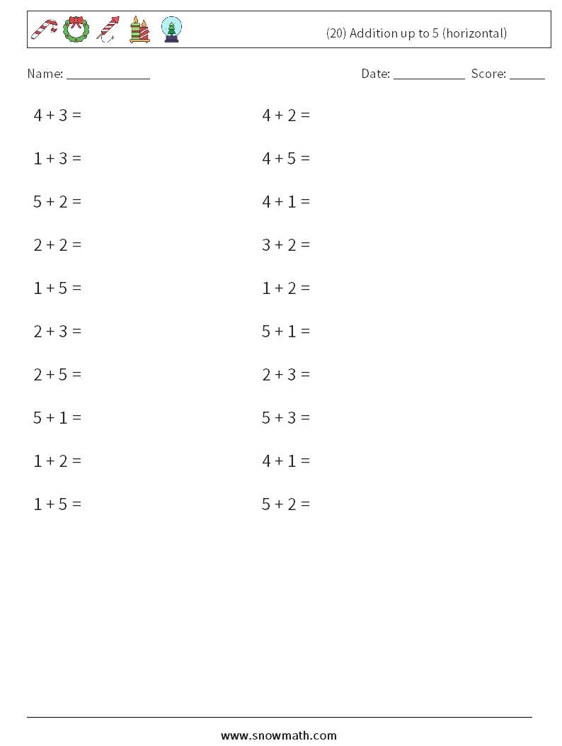 (20) Addition up to 5 (horizontal) Maths Worksheets 6