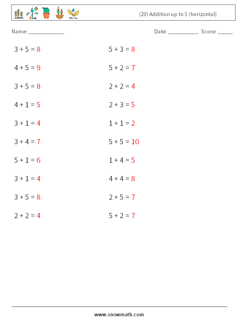 (20) Addition up to 5 (horizontal) Math Worksheets 7 Question, Answer
