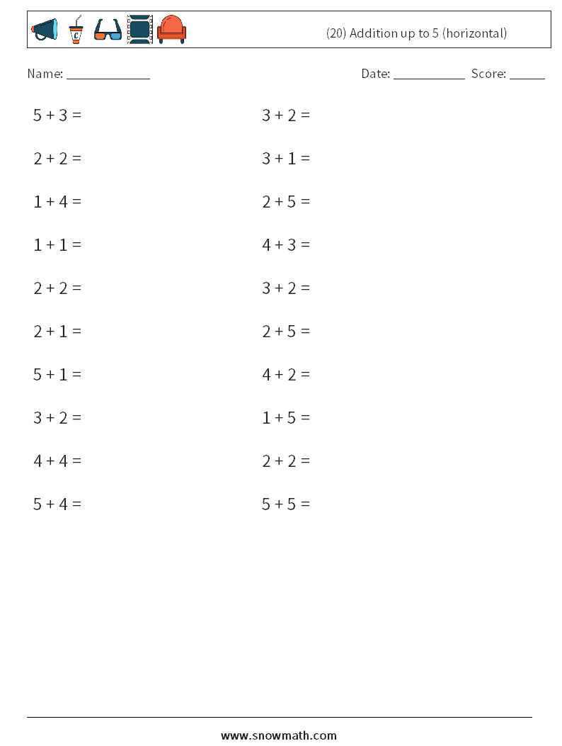(20) Addition up to 5 (horizontal) Math Worksheets 8