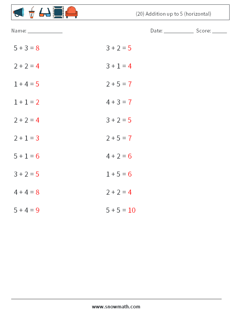 (20) Addition up to 5 (horizontal) Math Worksheets 8 Question, Answer