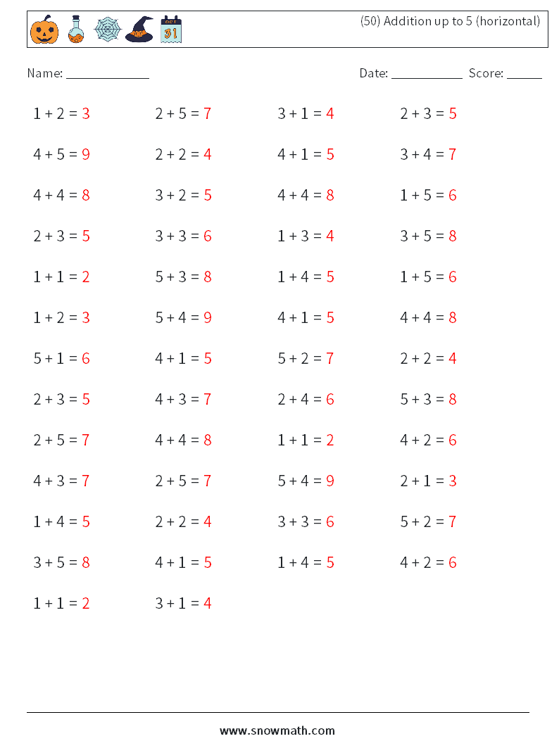 (50) Addition up to 5 (horizontal) Math Worksheets 1 Question, Answer