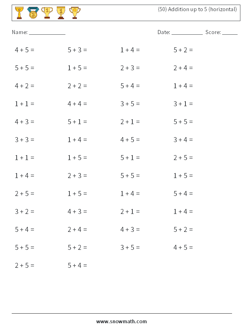 (50) Addition up to 5 (horizontal) Math Worksheets 2
