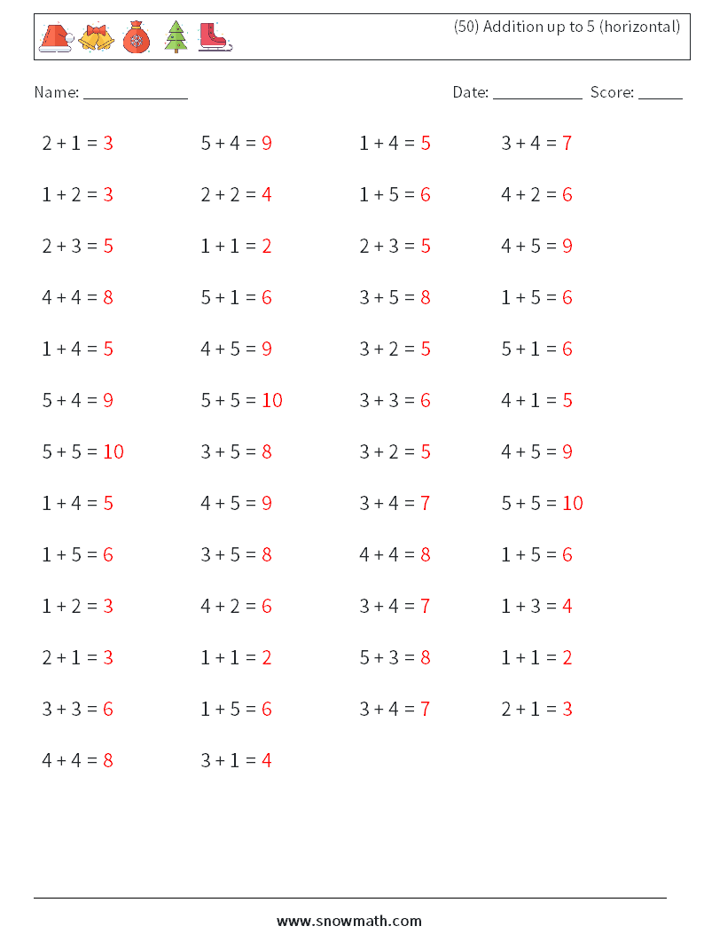 (50) Addition up to 5 (horizontal) Math Worksheets 3 Question, Answer