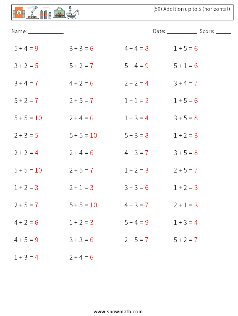 (50) Addition up to 5 (horizontal) Math Worksheets 4 Question, Answer