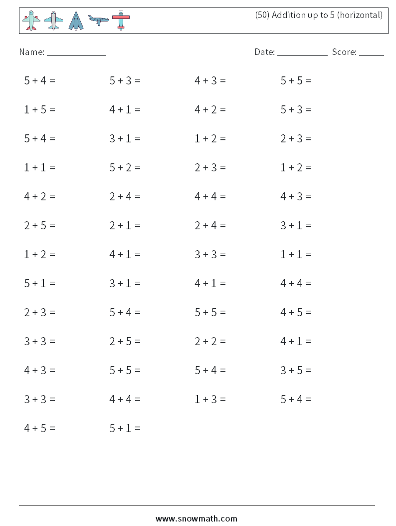 (50) Addition up to 5 (horizontal) Math Worksheets 5