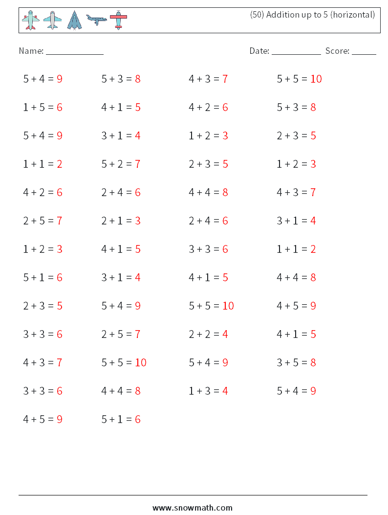 (50) Addition up to 5 (horizontal) Math Worksheets 5 Question, Answer