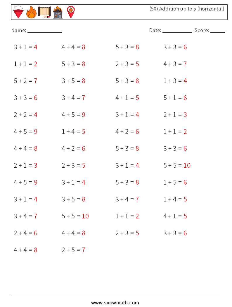 (50) Addition up to 5 (horizontal) Math Worksheets 6 Question, Answer