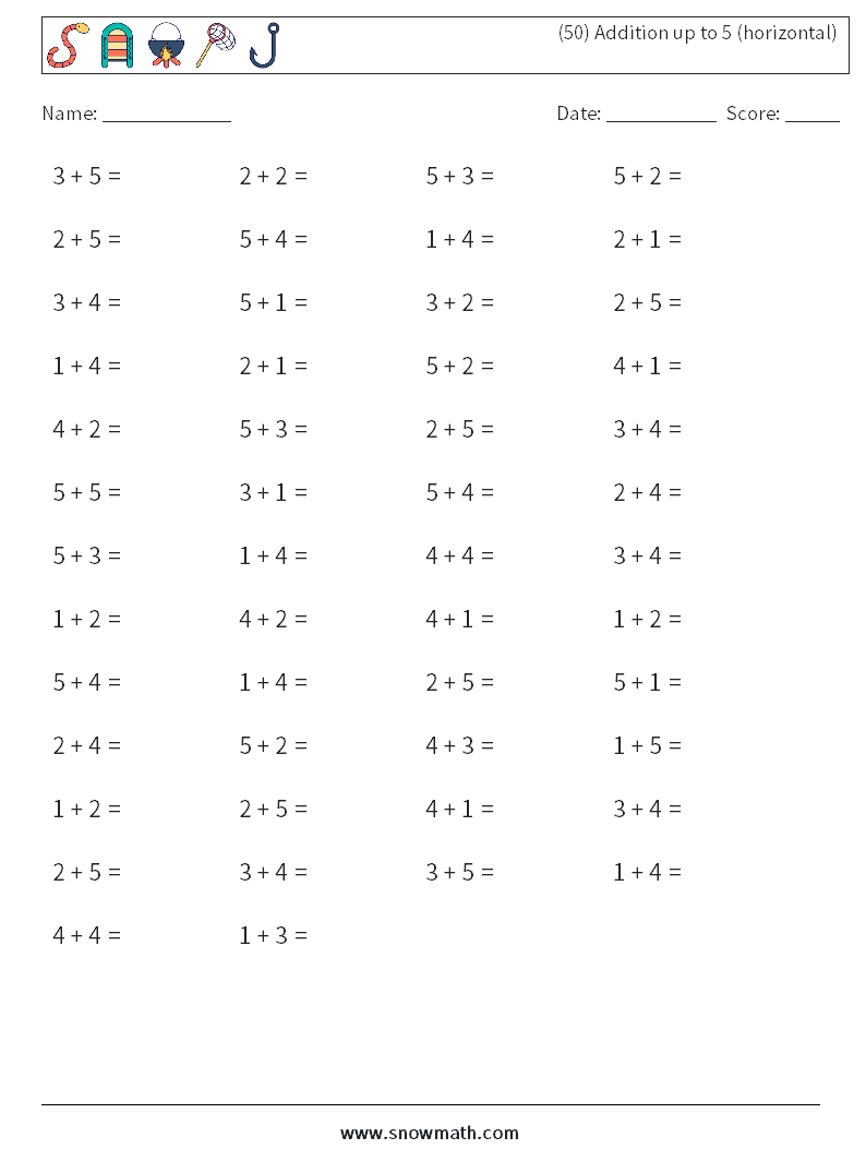 (50) Addition up to 5 (horizontal) Math Worksheets 7