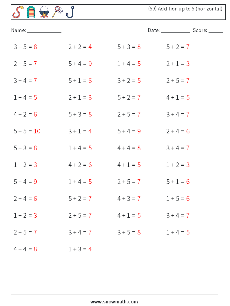 (50) Addition up to 5 (horizontal) Math Worksheets 7 Question, Answer