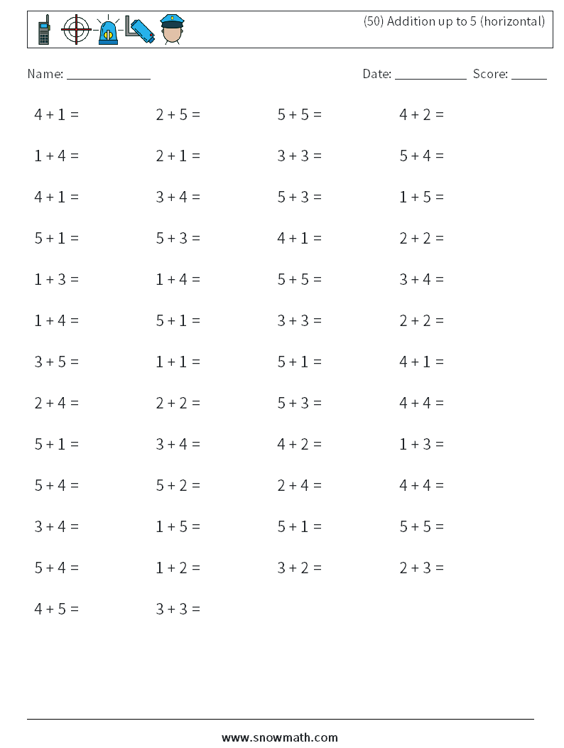 (50) Addition up to 5 (horizontal) Math Worksheets 8