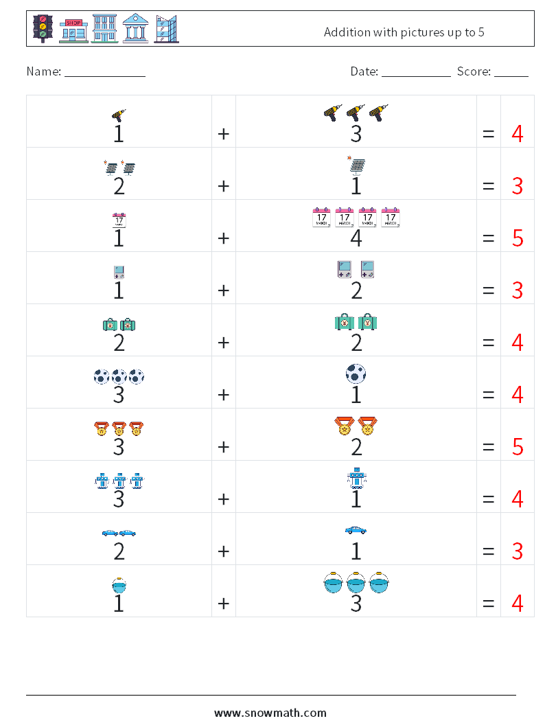 Addition with pictures up to 5 Math Worksheets 11 Question, Answer