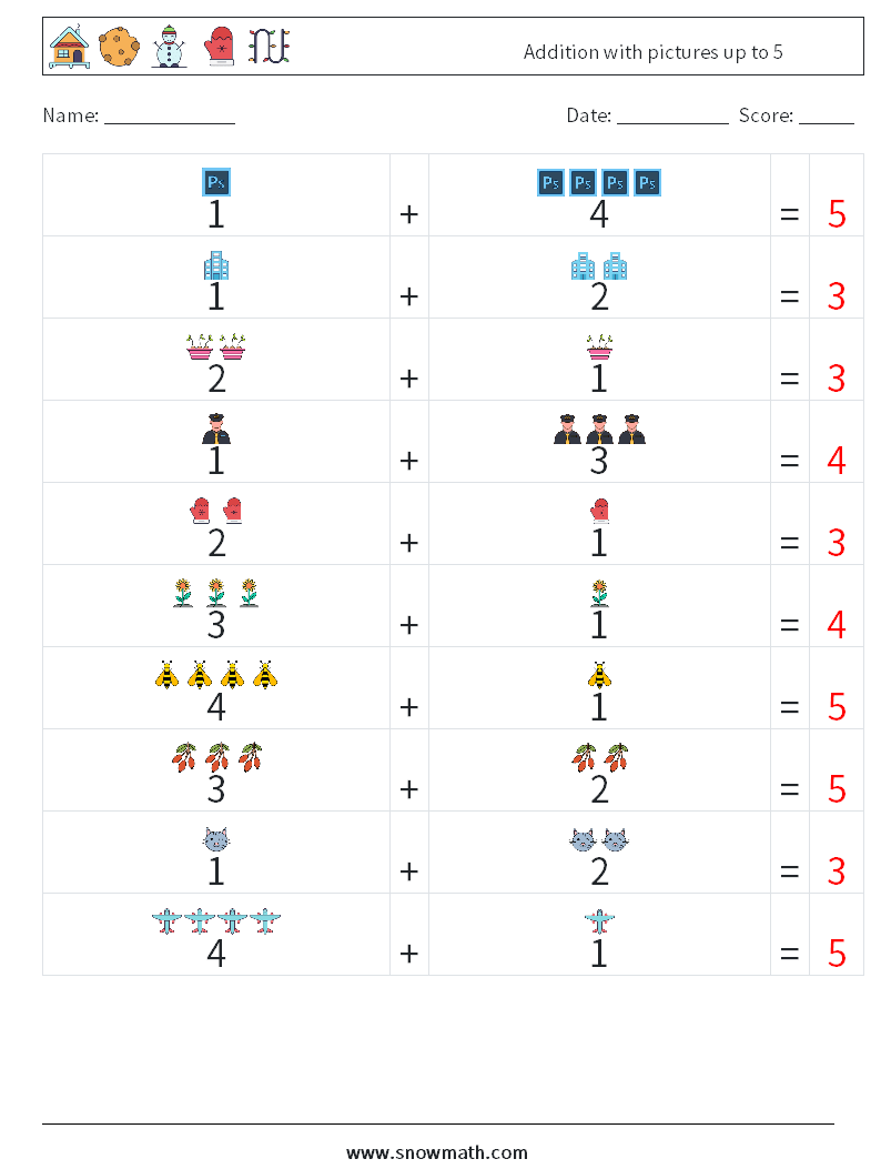 Addition with pictures up to 5 Math Worksheets 17 Question, Answer