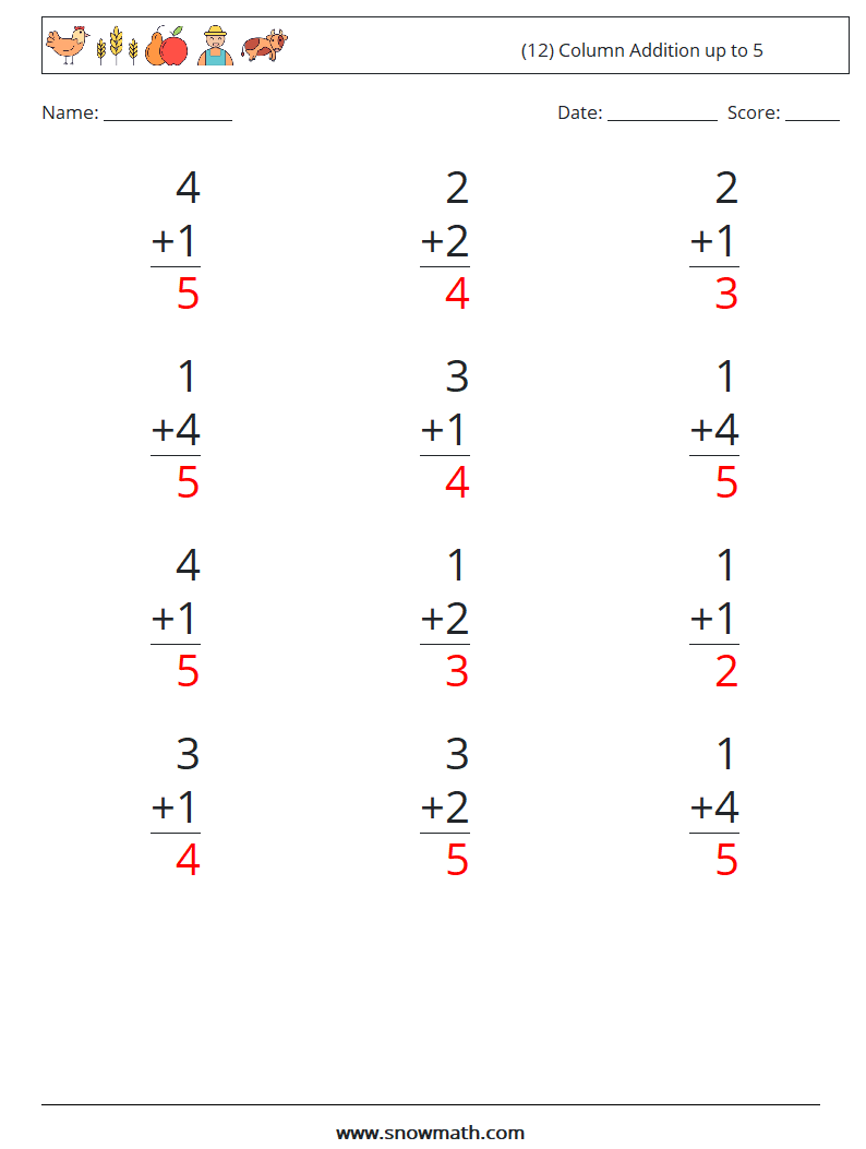 (12) Column Addition up to 5 Math Worksheets 1 Question, Answer