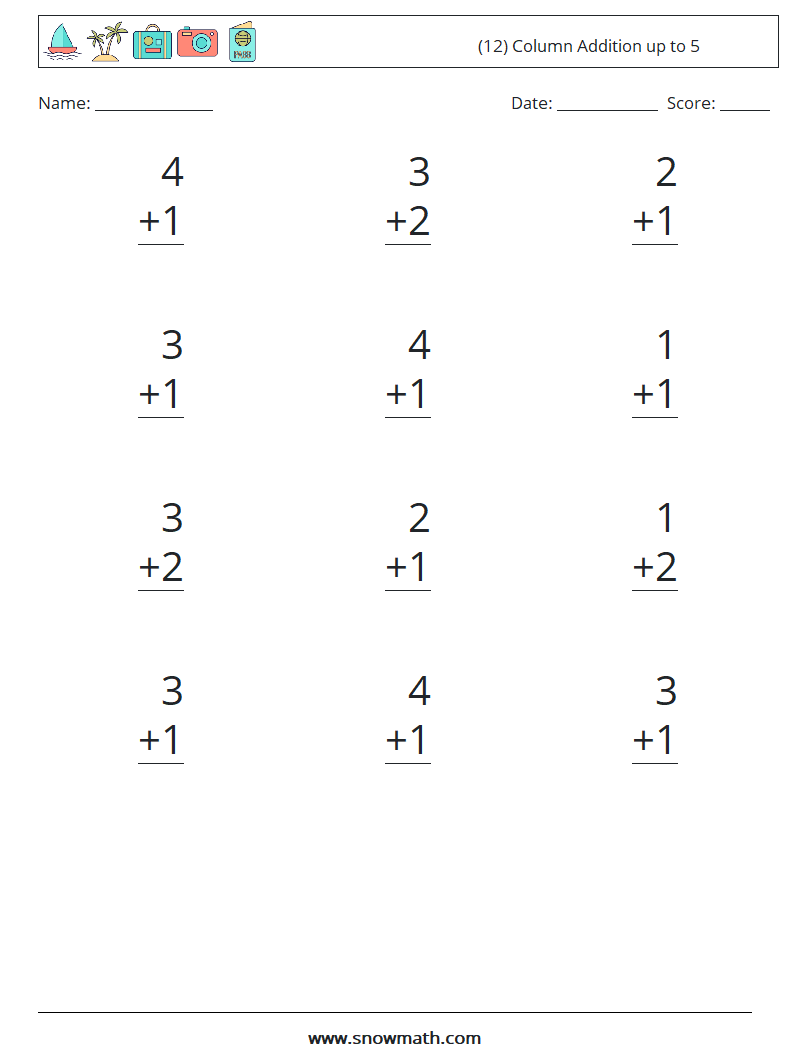 (12) Column Addition up to 5 Math Worksheets 3