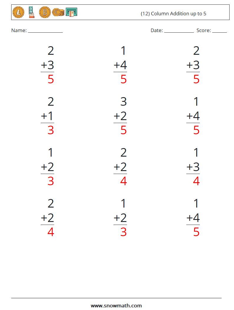 (12) Column Addition up to 5 Math Worksheets 4 Question, Answer