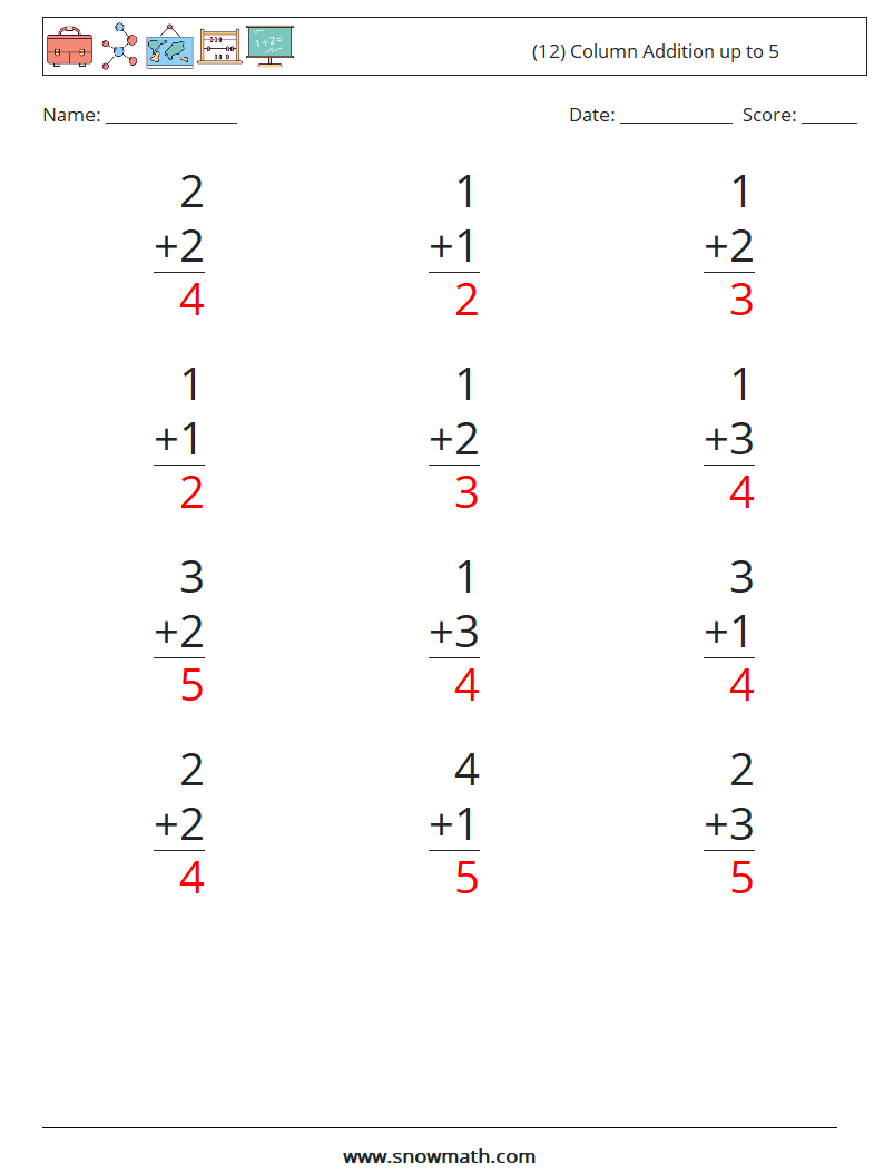 (12) Column Addition up to 5 Math Worksheets 8 Question, Answer