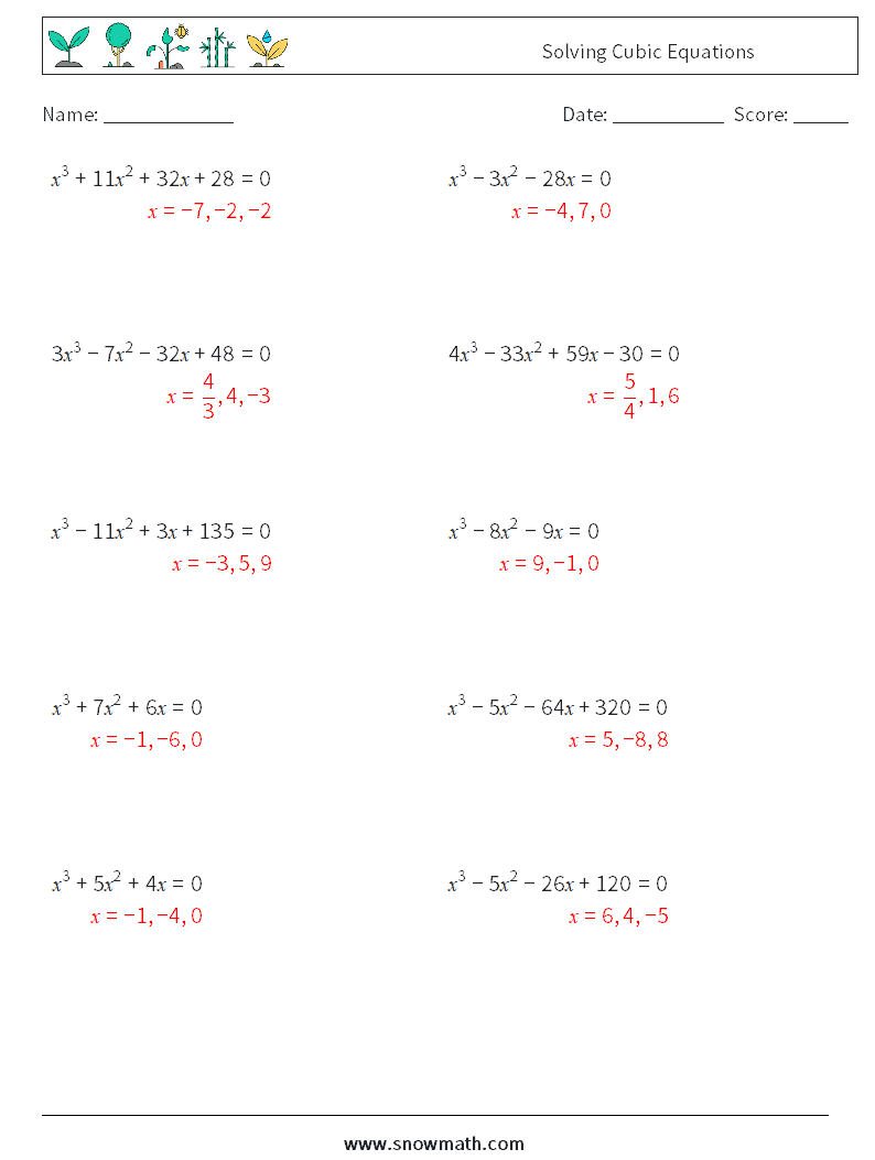 Solving Cubic Equations Math Worksheets 1 Question, Answer