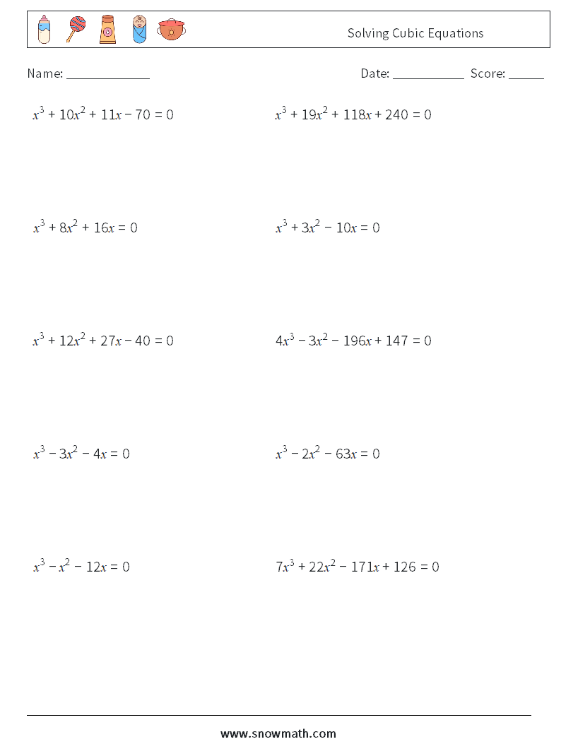 Solving Cubic Equations Math Worksheets 2