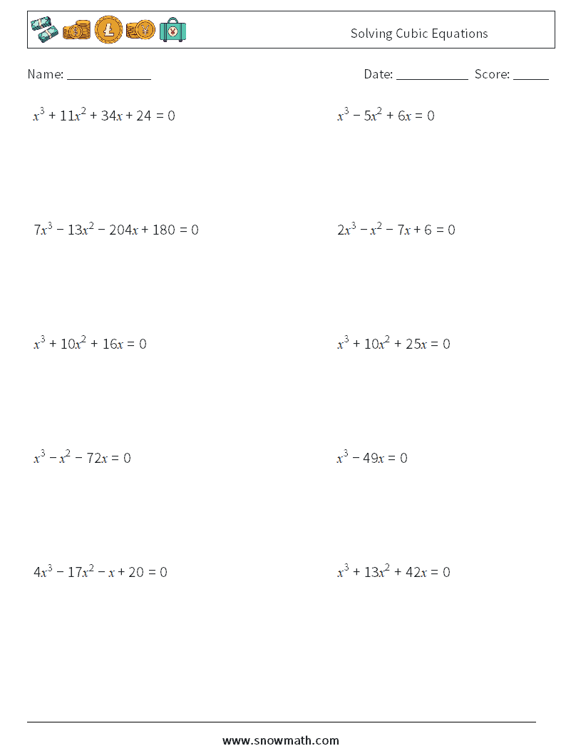 Solving Cubic Equations Math Worksheets 4