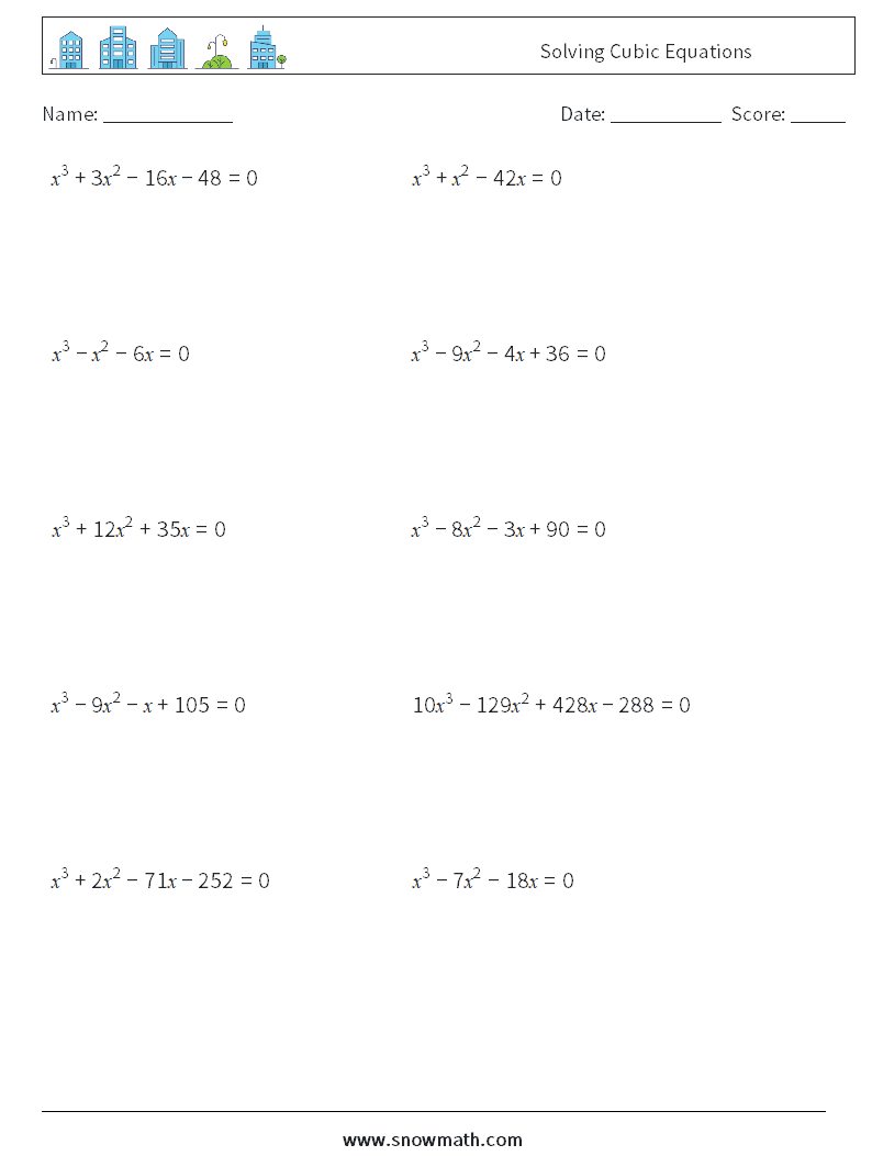 Solving Cubic Equations Math Worksheets 5