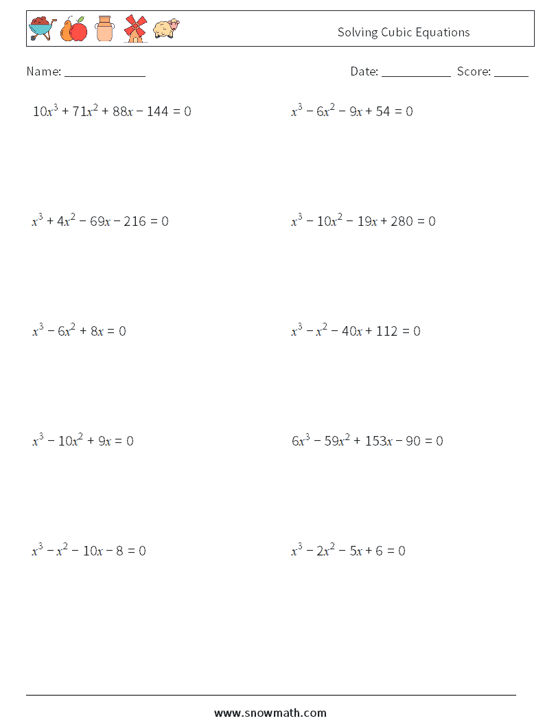 Solving Cubic Equations Math Worksheets 7