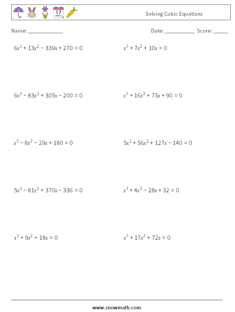 Solving Cubic Equations Math Worksheets 9