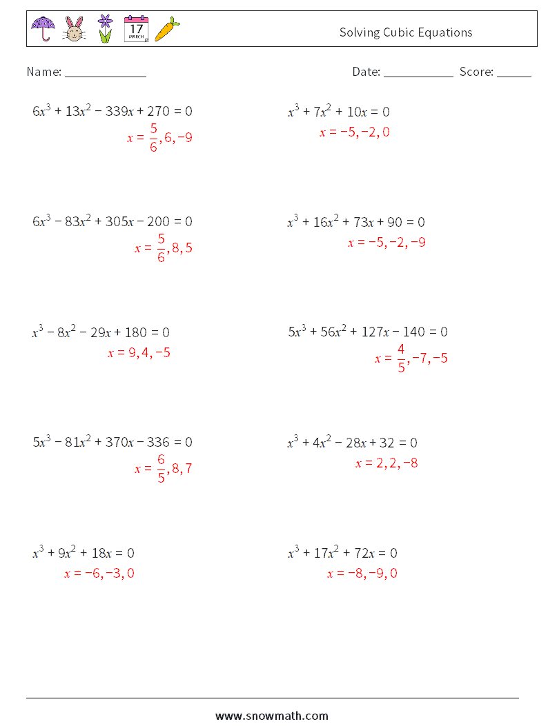 Solving Cubic Equations Math Worksheets 9 Question, Answer