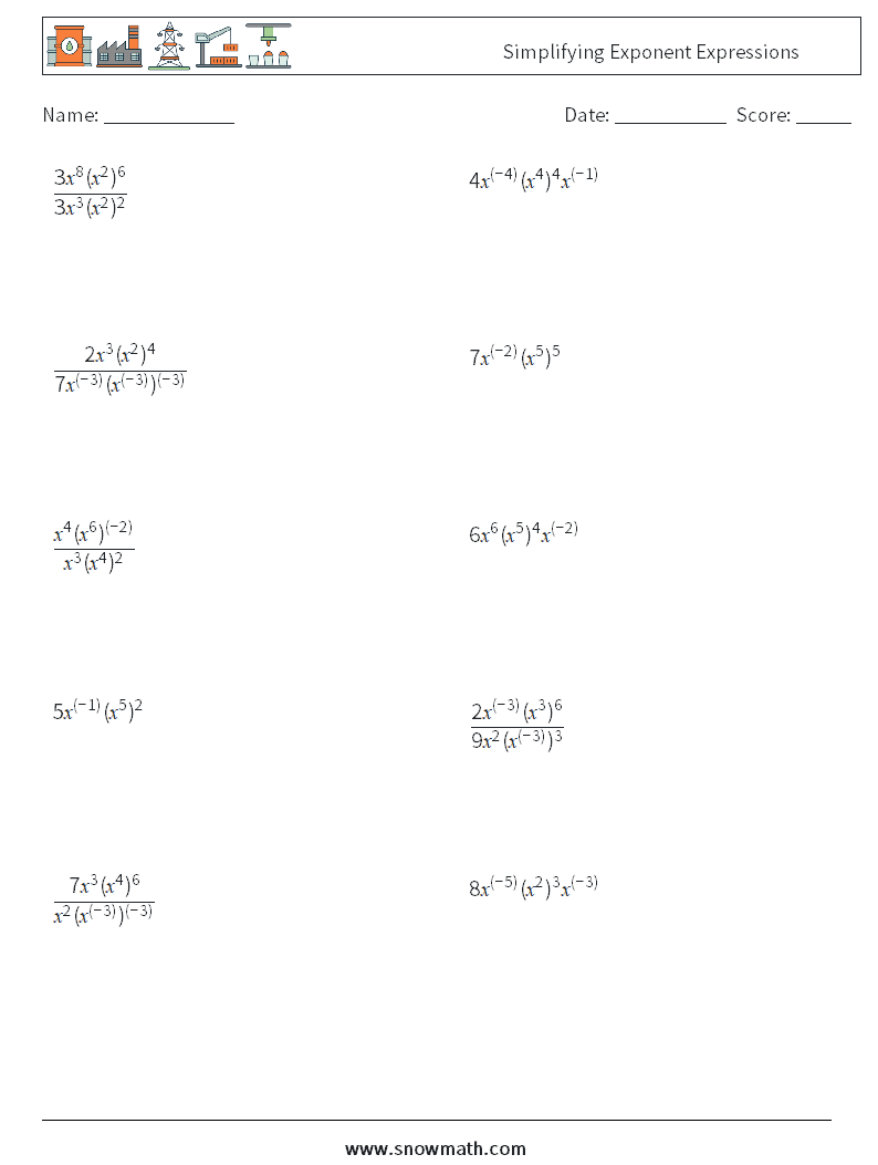  Simplifying Exponent Expressions Math Worksheets 1