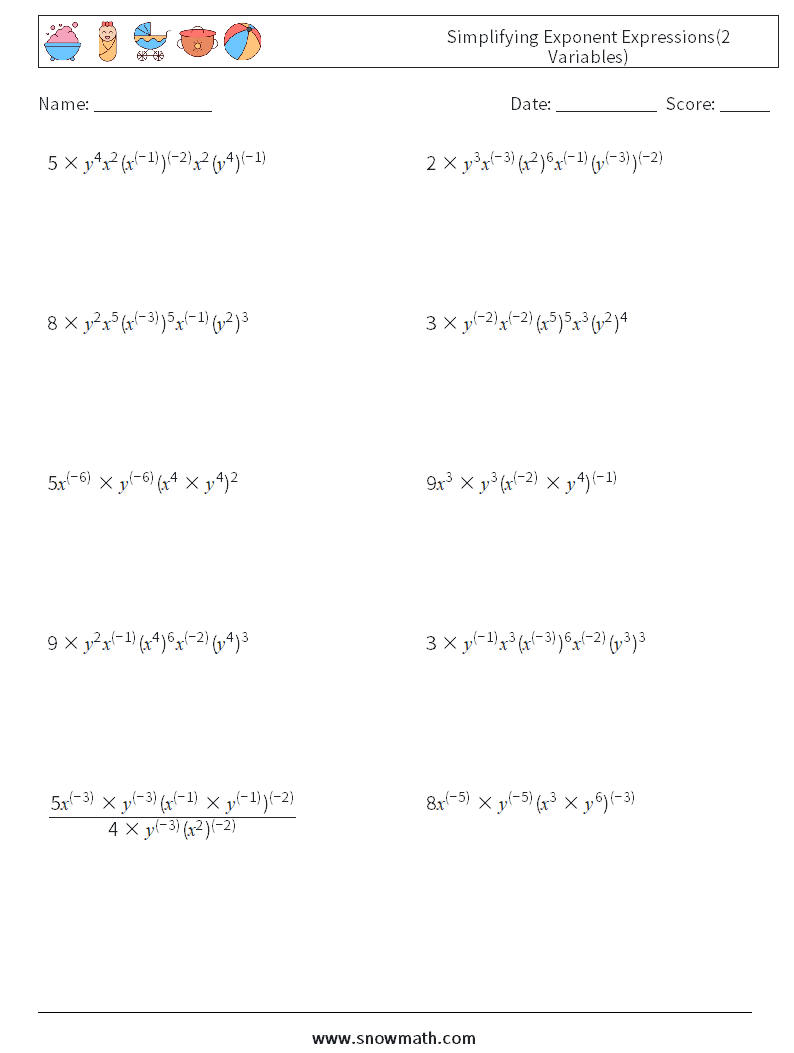  Simplifying Exponent Expressions(2 Variables) Math Worksheets 2