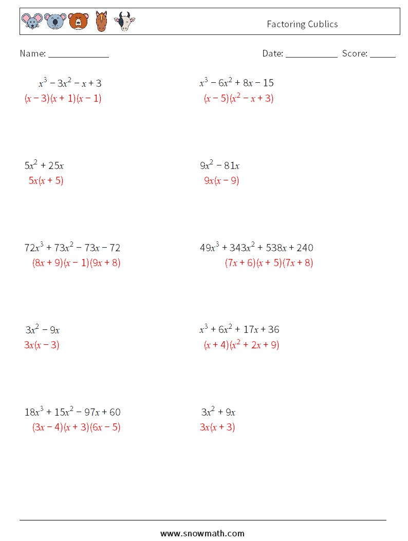 Factoring Cublics Math Worksheets 3 Question, Answer