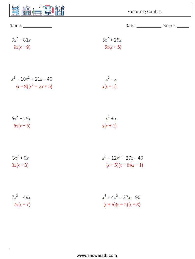 Factoring Cublics Math Worksheets 4 Question, Answer