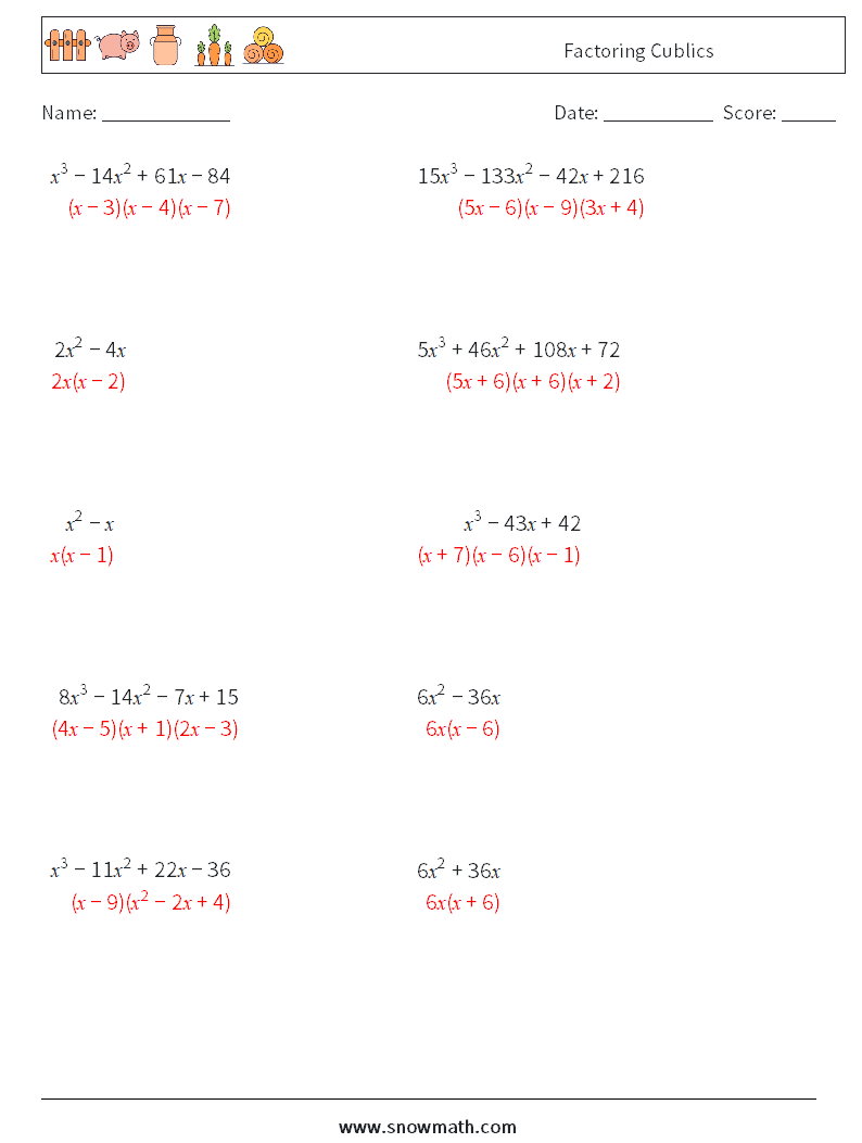 Factoring Cublics Math Worksheets 5 Question, Answer