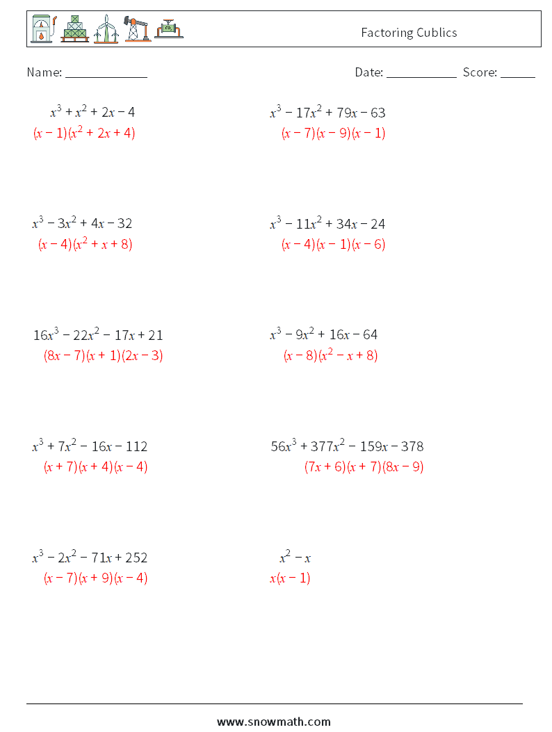 Factoring Cublics Math Worksheets 7 Question, Answer