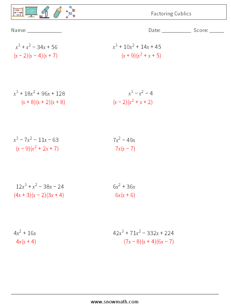 Factoring Cublics Math Worksheets 9 Question, Answer