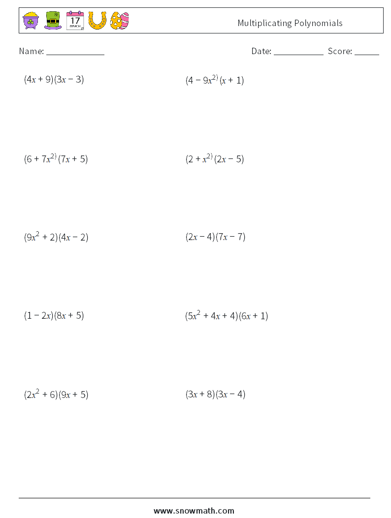 Multiplicating Polynomials Maths Worksheets 3