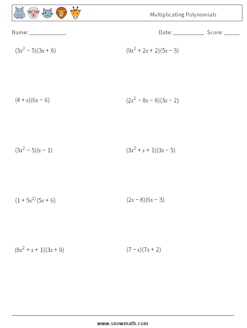 Multiplicating Polynomials Math Worksheets 9