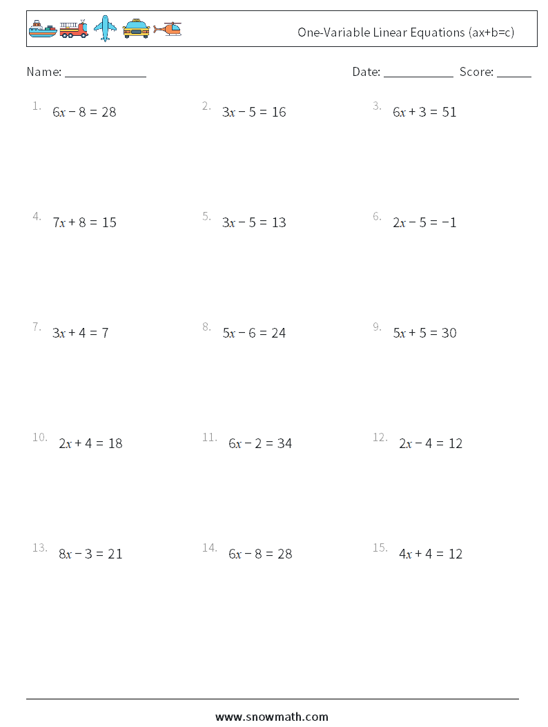 One-Variable Linear Equations (ax+b=c) Math Worksheets 5