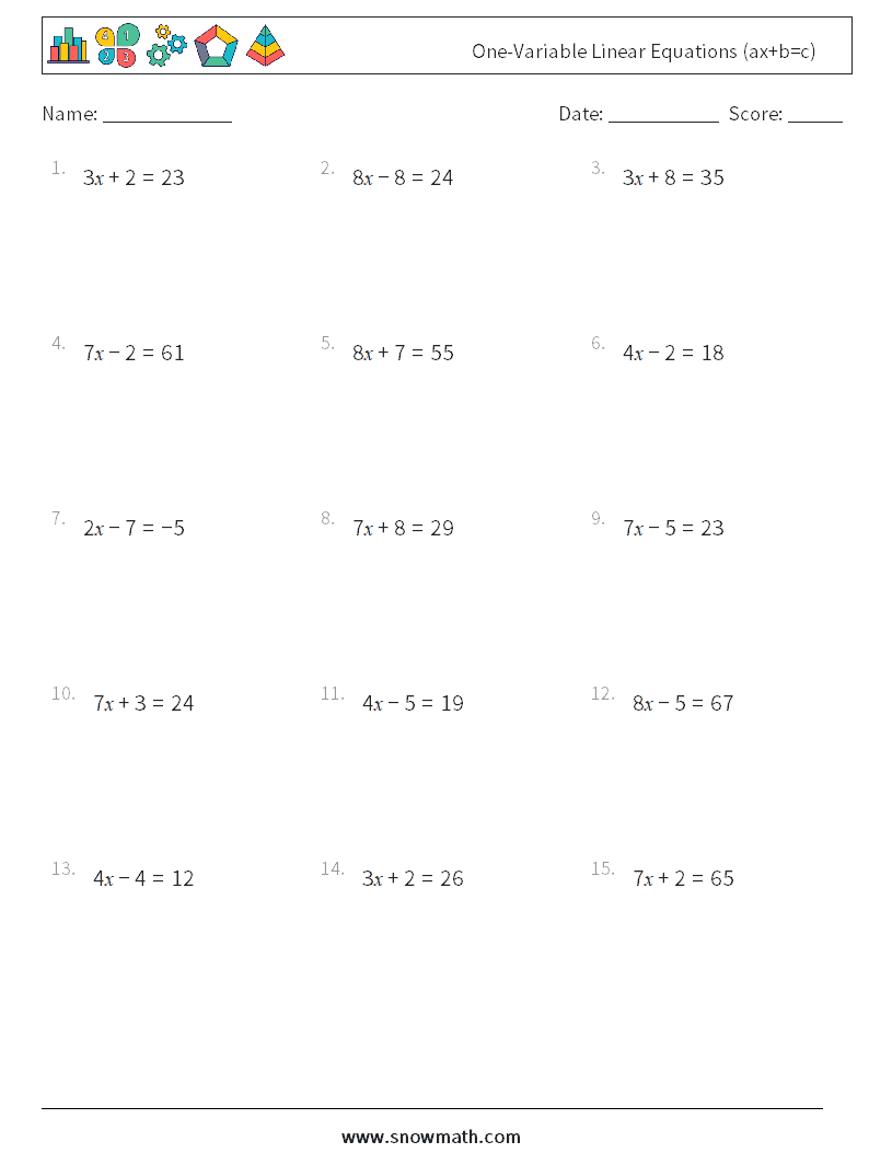 One-Variable Linear Equations (ax+b=c) Math Worksheets 6