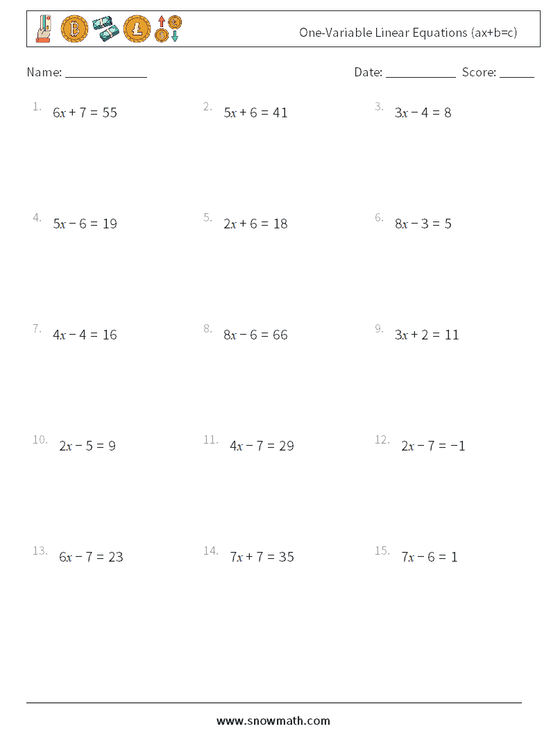 One-Variable Linear Equations (ax+b=c) Maths Worksheets 8
