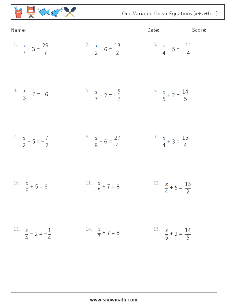 Canada one-variable linear equations (x÷a+b=c) Math Worksheets, Math ...