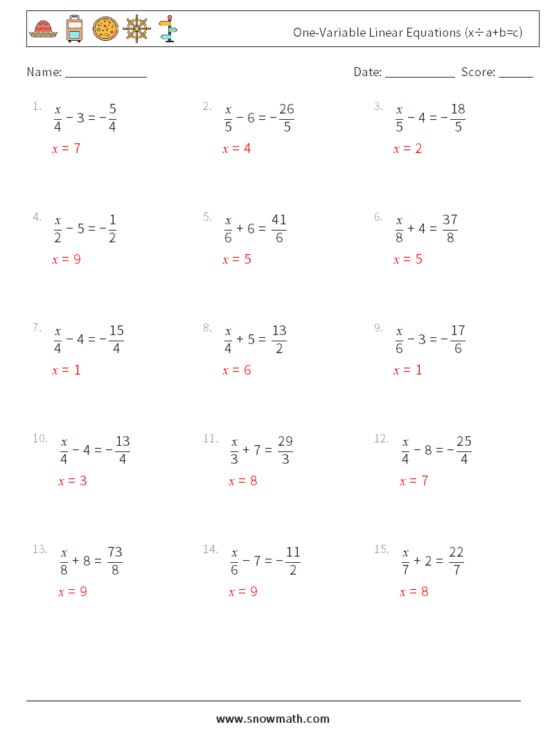 One-Variable Linear Equations (x÷a+b=c) Math Worksheets 13 Question, Answer