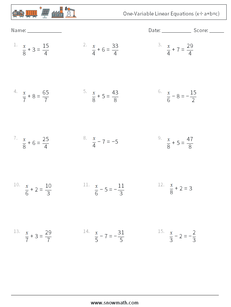 One-Variable Linear Equations (x÷a+b=c) Math Worksheets 2
