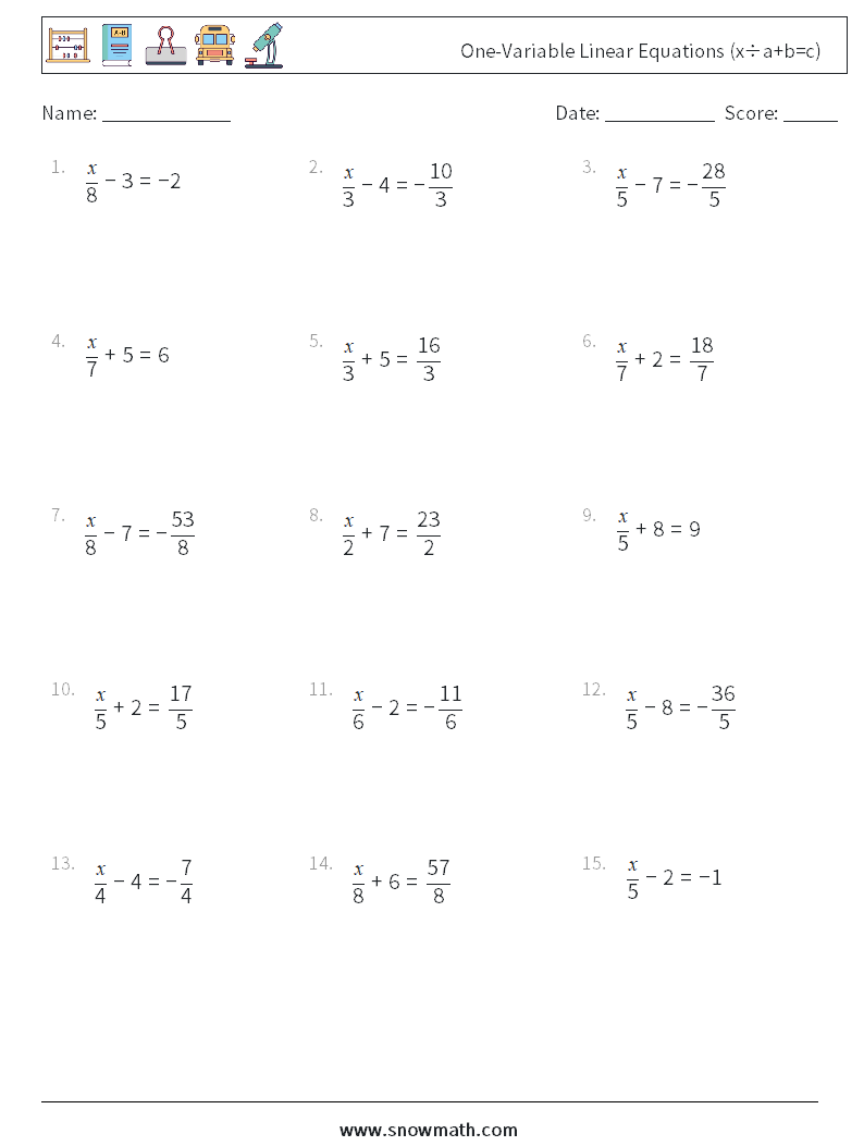One-Variable Linear Equations (x÷a+b=c) Math Worksheets 6