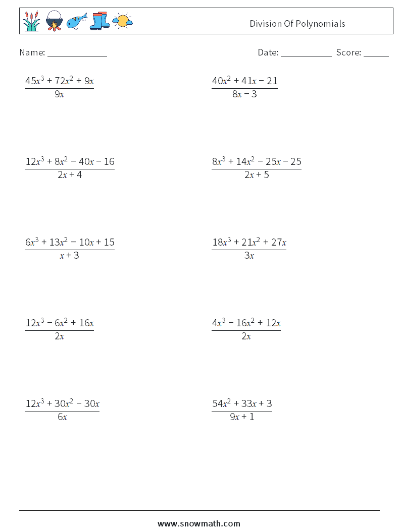 Division Of Polynomials Math Worksheets Math Practice For Kids 