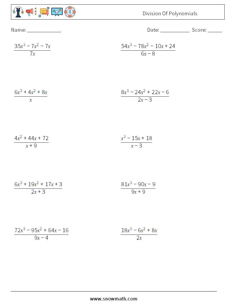 Division Of Polynomials Math Worksheets 7