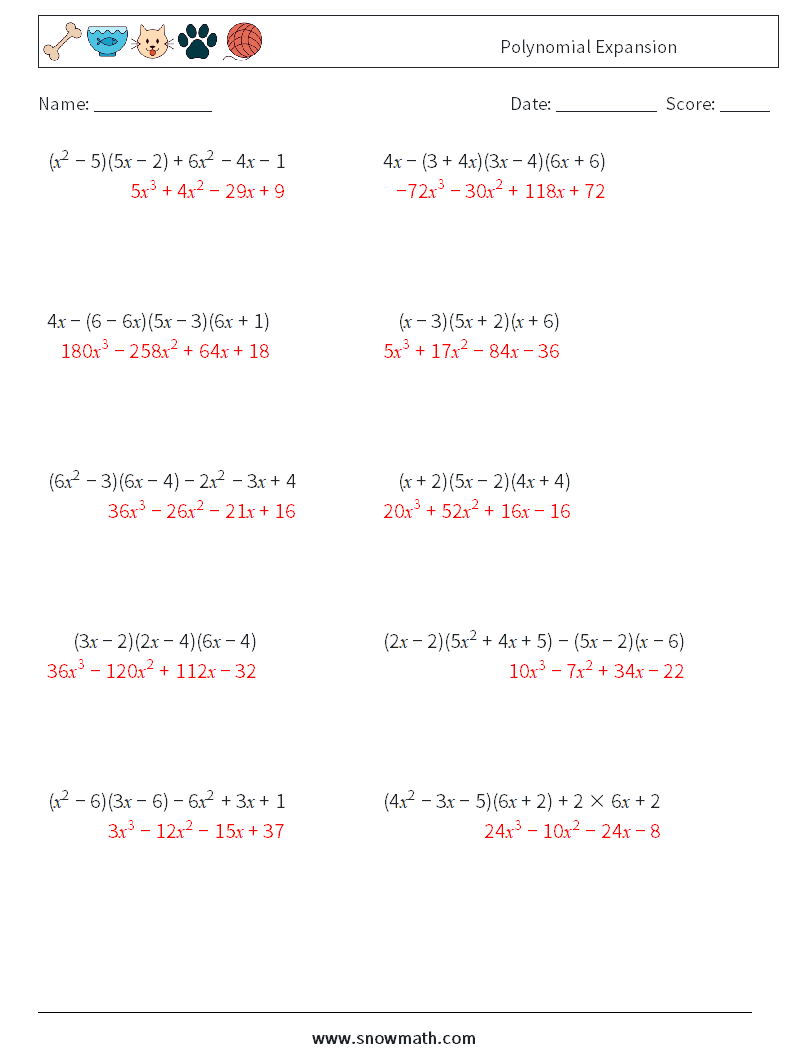 Polynomial Expansion Math Worksheets 1 Question, Answer