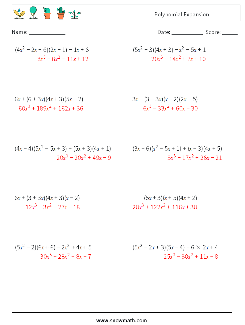 Polynomial Expansion Math Worksheets 3 Question, Answer