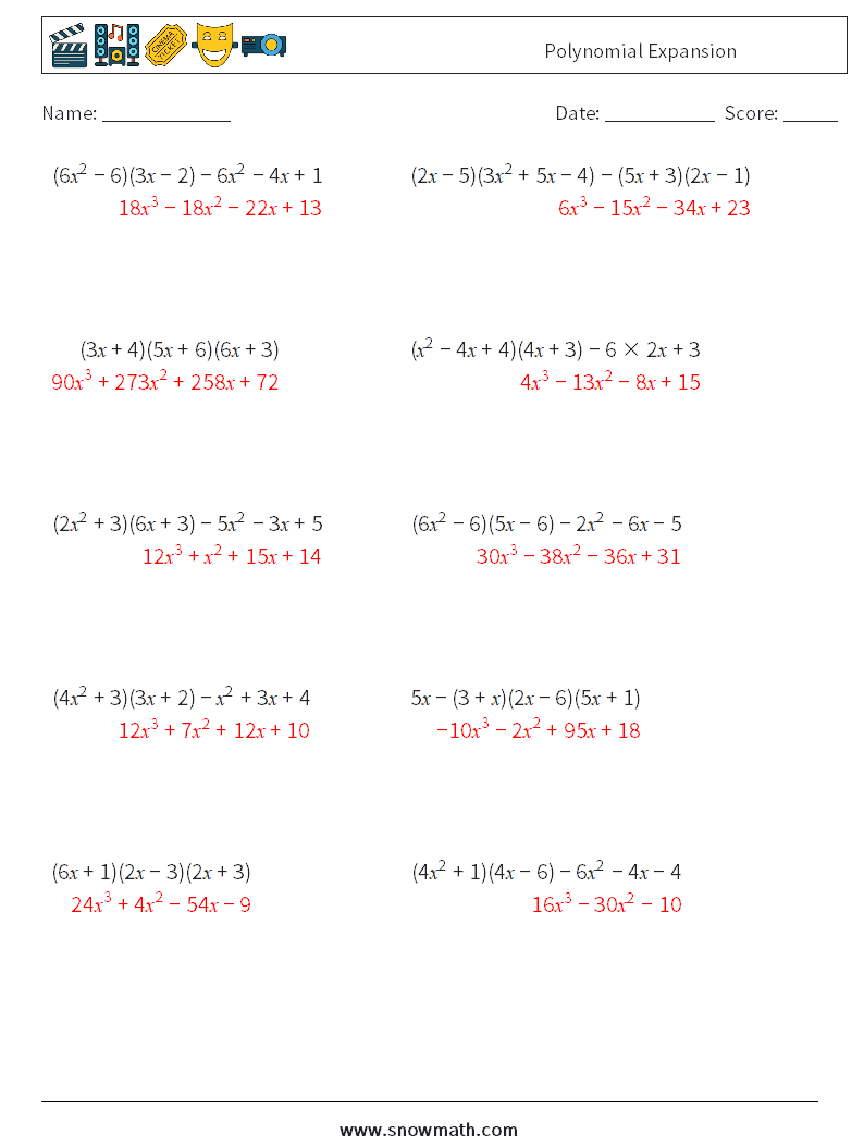 Polynomial Expansion Math Worksheets 4 Question, Answer