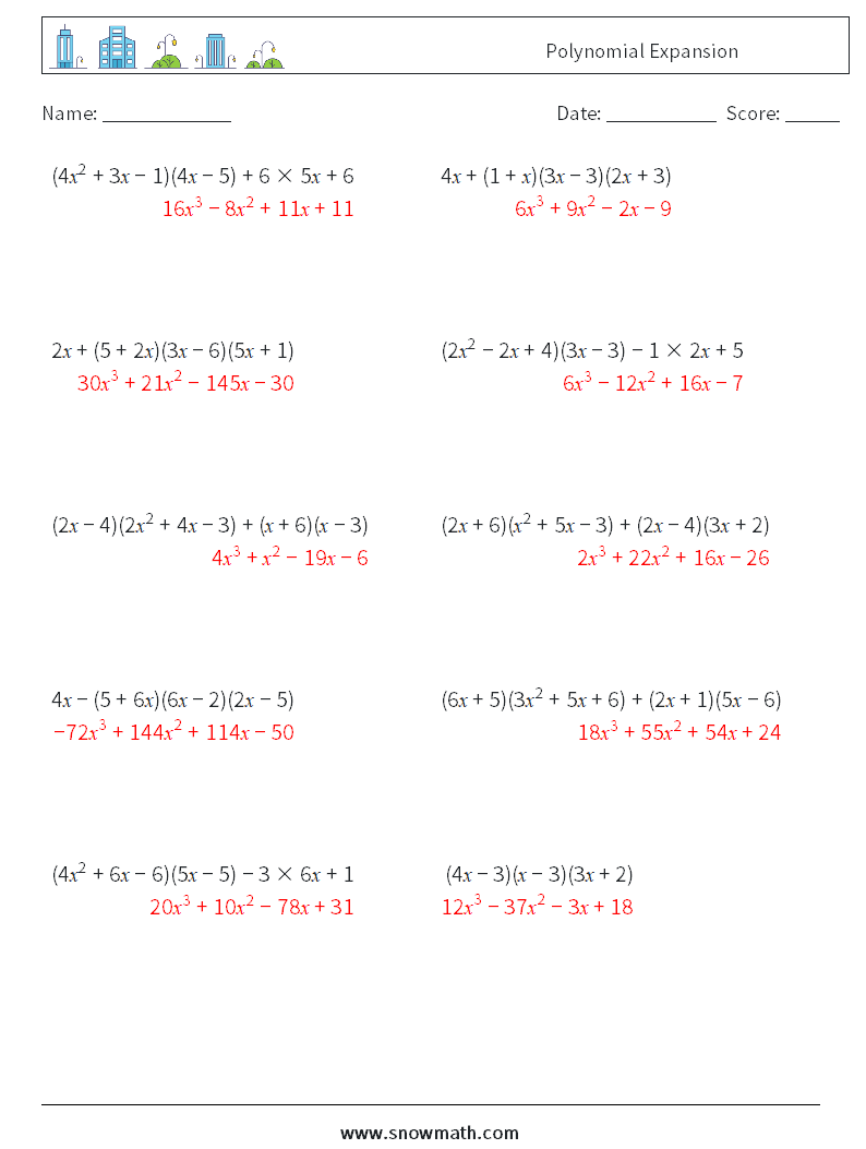 Polynomial Expansion Math Worksheets 5 Question, Answer